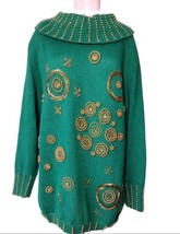 Vtg Vilxi International Gold Beaded Cowl Neck Sweater Size M Green Bold ... - $24.74