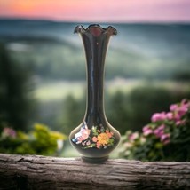 Black Amethyst Glass Bud Vase Vtg Floral Purple Ruffled Handpainted Shiah Yih - £21.01 GBP