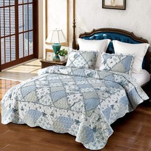 Vivilinen Blue Floral Patchwork Quilt Set King Size Reversible Quilted B... - $77.98