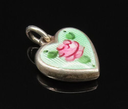 925 Sterling Silver - Vintage Enamel Floral Love Heart Charm Pendant- PT... - $33.19