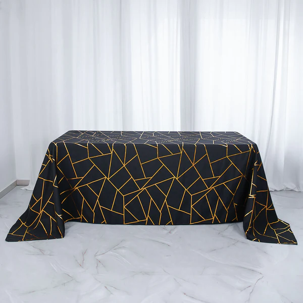 Black - 90&quot;x132&quot; Rectangle Polyester Tablecloth Gold Foil Geometric - £39.45 GBP