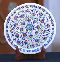 Antique Marble Round Serving Plate Semi Mosaic Lapis Inlay Marquetry Decor H1954 - £583.08 GBP