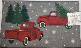 Printed Nylon Kitchen Rug (nonskid)(18&quot;x30&quot;)RED CHRISTMAS TREE TRUCKS ON... - £14.00 GBP