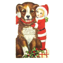 Antique Christmas Card Booklet Story Die-cut Child Santa Suit &amp; Dog c. 1... - $49.99