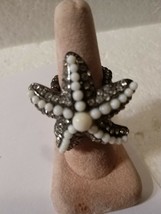 Starfish Silvertone Ring with Rhinestones &amp; White Beads Vintage Stunning  - £21.41 GBP