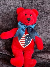 Red Plush Teddy Bear w Red White &amp; Blue US Flag Heart on Tummy Patriotic Stuffed - £7.58 GBP