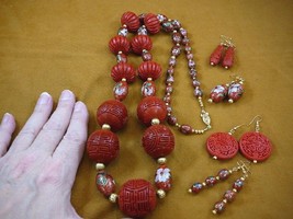 (V-279) big Red Cinnabar Cloisonne bead gold 36&quot; Necklace + 4 pairs earrings set - £292.61 GBP