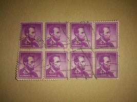 Sheet Of 8 1954 Lincoln 4 Cent Cancelled Postage Stamps Purple Vintage VTG USPS - $12.86
