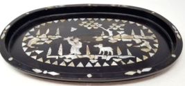 Chinese Black Lacquer Tray Inlaid Silver Color Oval Farming Woods Medium Vintage - £22.88 GBP