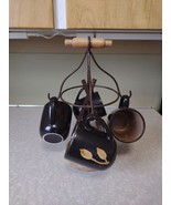 Vtg Stoneware Coffee Mug Set 4 &amp; Kitchen Rack Black Brown Tan Leaf Leave... - $63.89 CAD