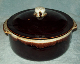 Brown Drip Casserole Dish with lid and handles 8&quot; Diam 3 1/2&quot; tall GUC unmarked - £11.92 GBP