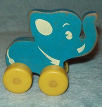 Wood Elephant Push Pull Toy Vintage 4&quot; Blue w/ yellow wheels GUC - £3.20 GBP