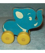 Wood Elephant Push Pull Toy Vintage 4&quot; Blue w/ yellow wheels GUC - $4.00
