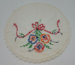 Lovely Round Flower &amp; RIbbon Embroidered Doily 11&quot; - £8.69 GBP