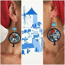 Painted Greek island earrings. Wood Art inspired Colorful Earrings. Gift for her - £38.31 GBP