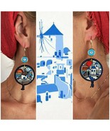 Painted Greek island earrings. Wood Art inspired Colorful Earrings. Gift... - £38.11 GBP