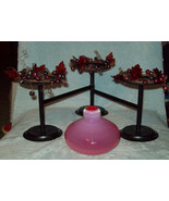 Black Triple Pillar Candle Holder w Red Glass Leaf beaded Rings &amp; glass ... - $279.75 MXN