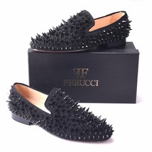  Men FERUCCI Black Spikes Slippers Loafers Flat With Black Crystal GZ Rhinestone - £159.86 GBP