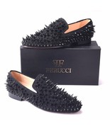  Men FERUCCI Black Spikes Slippers Loafers Flat With Black Crystal GZ Rhinestone - $199.99