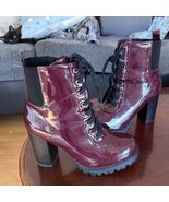Top Moda Chunky High Heel Combat Boots Zipper Lug Platform Wine Patent L... - $42.57
