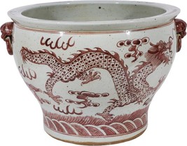 Planter Vase Rustic Dragon Lion Handles Maroon Red Ceramic Hand-Cra - $789.00