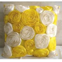 Satin Ribbon 16&quot;x16&quot; Silk Yellow Throw Pillows Cover, Sunny Yellow Blooms - £34.18 GBP+