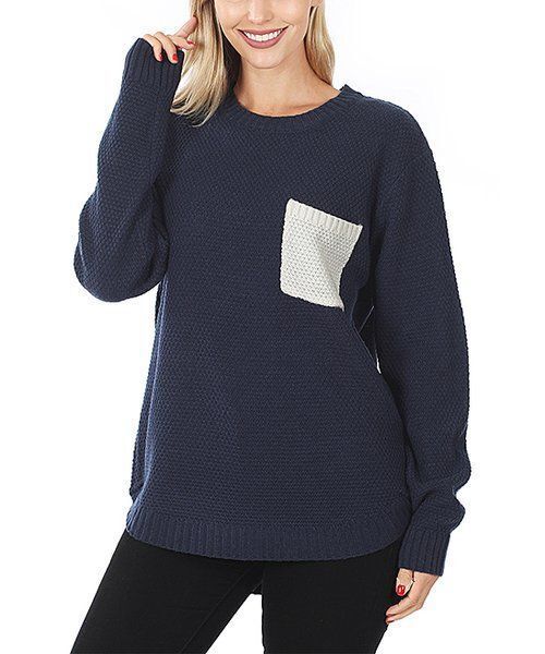 Zenana Navy Hi-Low Contrast Accent Pocket Sweater Size Small NWOT - $11.39