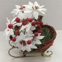 vintage Christmas winter center piece small  sleigh basket with white po... - $24.75