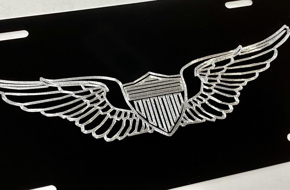 Engraved Army Aviator Wings Car Tag Diamond Etched Black Metal License Plate