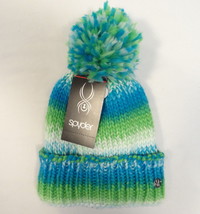 Spyder Blue &amp; Green Fleece Lined  Knit Cuff Pom Pom Beanie Youth Girls 7... - £26.46 GBP