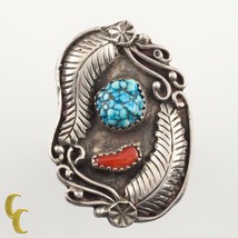 Silver Navajo Ring with Coral &amp; Turquoise and Hand-Made Leaf Motif Size ... - $119.72