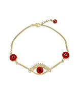 14k Yellow Gold Chain Bracelet Charm Red Evil Eye Protection CZ - $610.08 CAD