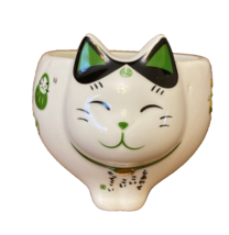 Japan Lucky Fortune Good Luck Cat Tea Cup Mug Figurine or Planter Green ears - $12.86