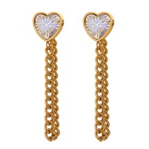 AAA Cubic Zirconia Heart Dangle Chain Earrings Stainless Steel Jewelry Metal Gol - $14.63