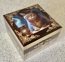 Halloween Magic Cat Themed Wooden Trinket Box - Wizard - £8.25 GBP