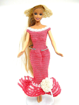 Fashion Barbie Doll Dress Only Hand Crocheted Pink Gown Hat Off Shoulder Ruffled - £7.49 GBP