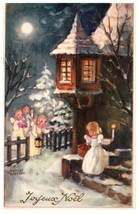 Postcard Christmas Joyous Noel Angels Church by Candlelight Night Snow Signed - £17.31 GBP