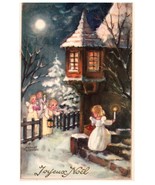 Postcard Christmas Joyous Noel Angels Church by Candlelight Night Snow S... - £17.12 GBP