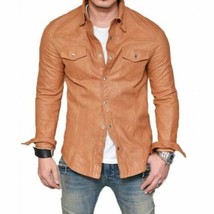 Men’s Shirt Style Vintage Motorcycle Antique Tan Soft Real Leather Jacke... - £79.82 GBP