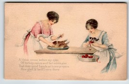 Postcard Thanksgiving Turkey Platter Women Peels Apples Pink Of Perfection 1914 - £7.90 GBP