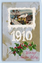 New Year Wishes Cabin Icicles Holly Embossed 1910 DB Postcard L13 - $6.88