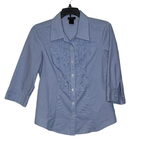 Ann Taylor Button Up Shirt Size 0 Blue White Striped 3/4 Sleeve Stretch Blend - £15.85 GBP