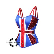  Blue And  White Satin With Red Sequins UK Flag Goth Burlesque Overbust Corset  - £63.64 GBP