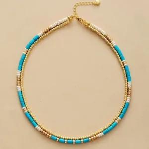 Handmade Turquoise &amp; Gold Seed Beads Choker Necklace - Bohemian Ethnic Style - £30.05 GBP