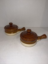 Set of 2 Vintage French Onion Soup Crocks Handled Bowls with Lids Browns - £12.47 GBP