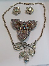 4 Pc AB Aurora Borealis Rhinestone Pave Brooch Floral Bouquet Necklace Earrings - £17.52 GBP