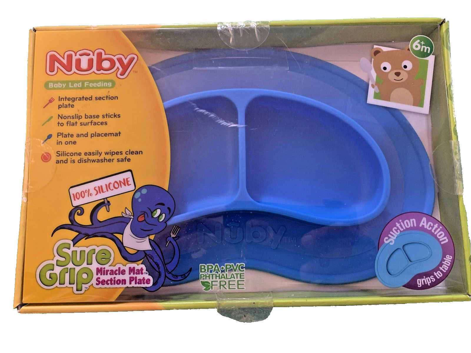 Nuby Sure Grip Miracle Mat Section Plate, Turquoise , Baby Toddler Silic... - $7.80