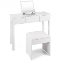 Vanity Makeup Dressing Table Set with Flip Top Mirror and Cushioned Stool-White  - £154.77 GBP