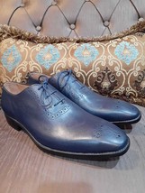 Men&#39;s Handmade Navy Blue Leather Oxford Whole Cut Chisel Toe Dress Formal Shoes - $128.69