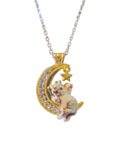 Goldtone &amp; Rhinestone Cat on the Moon Pendant Necklace - New - £10.29 GBP
